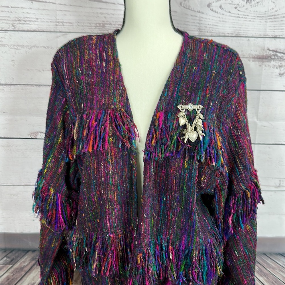 Vintage Yak Magic Womens Jacket size Large Multicolor Fringe Silk Art to wear - Picture 2 of 15